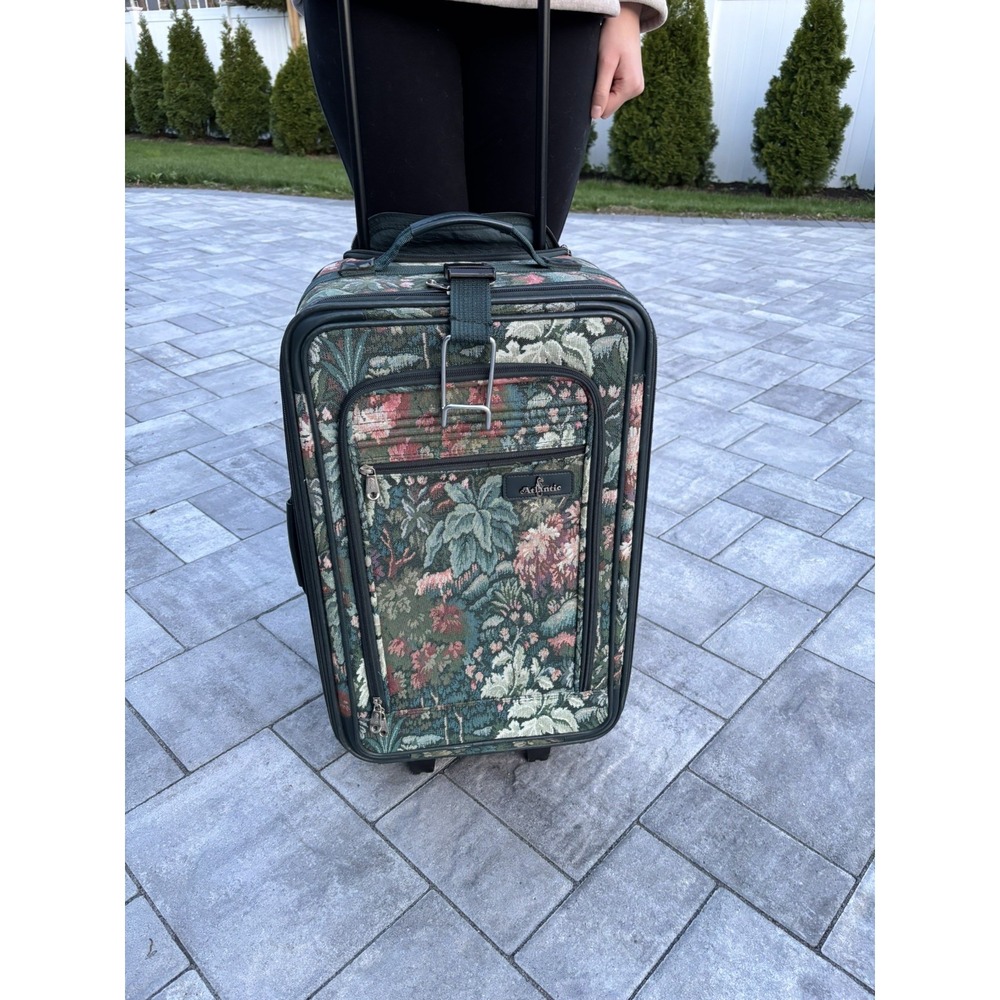 Atlantic Rolling Suitcase Excellent Green Floral Vintage Tapestry Carry On 9610